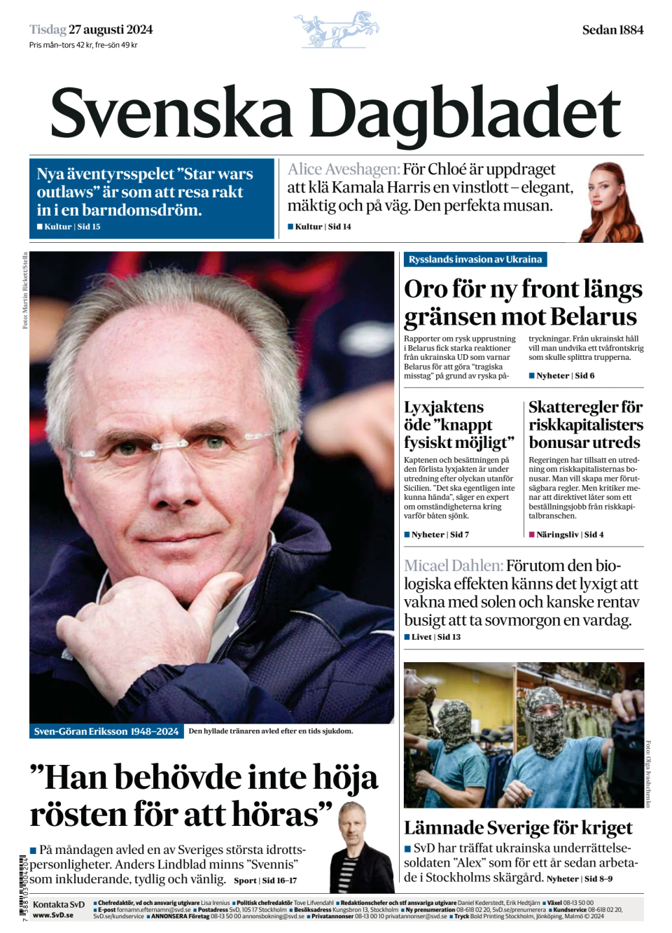 Prima-pagina-Svenska Dagbladet-edizione-di-oggi-20240827